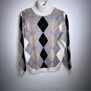 Vintage Argyle Wool Cashmere Blend Turtleneck Sweater Medium Knit Pullover